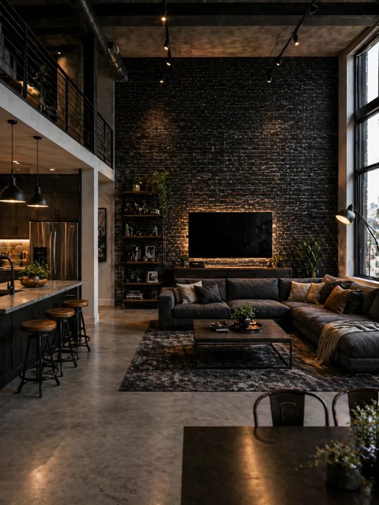 Loft Apartment with Black Brick Wallpaper Idea