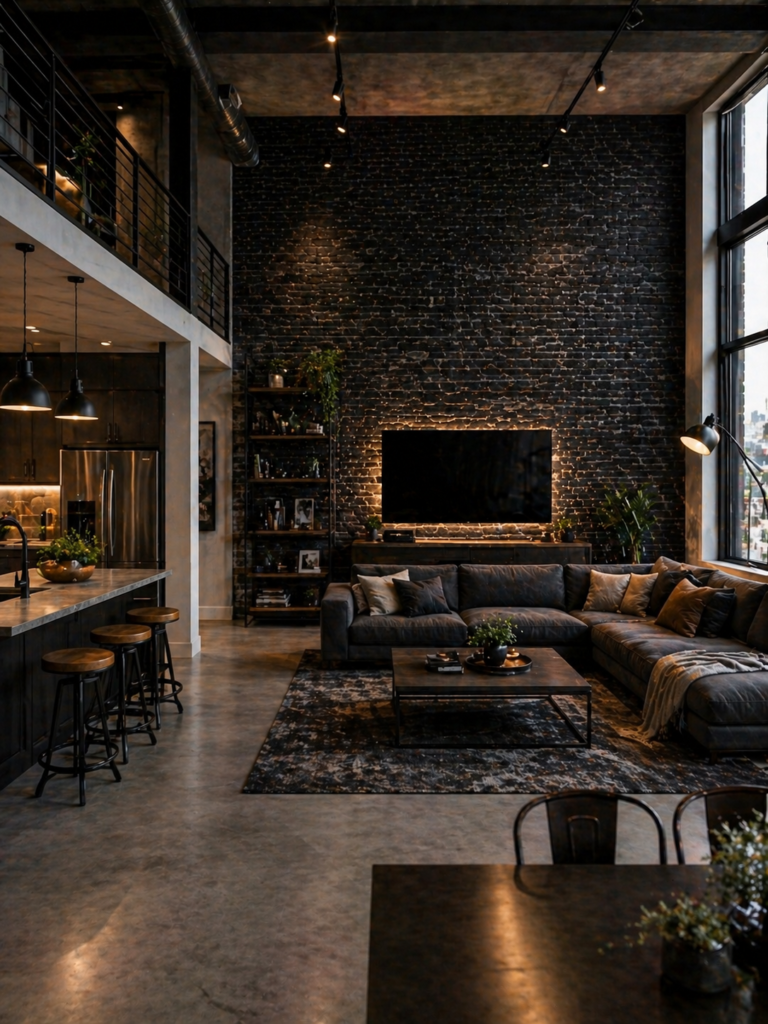 Loft Apartment with Black Brick Wallpaper Idea