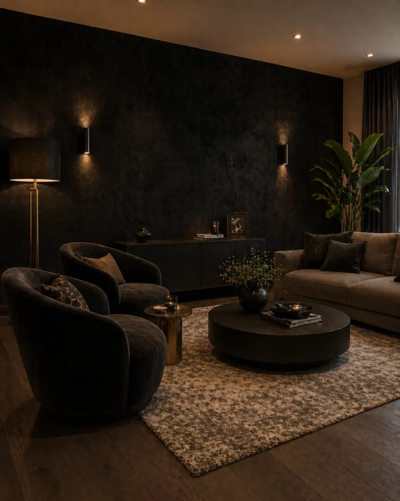 Lounge with Black Velvet Texture Wallpaper Idea