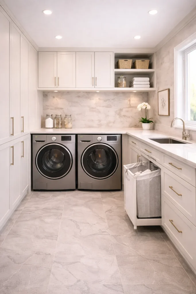 Luxury Look Laundry Room with Marble Tiles Idea