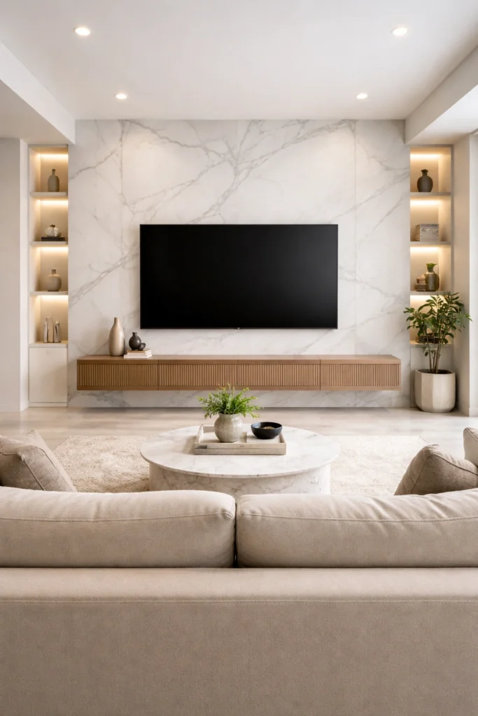Marble Effect Luxury TV Wall Paneling Idea