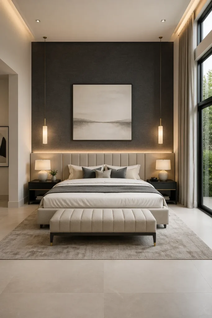 Master Bedroom with Matte Black Linen Wallpaper Idea