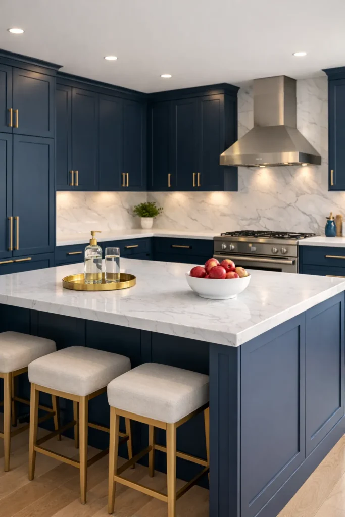 Matte Blue Kitchen with Gold Hardware Idea