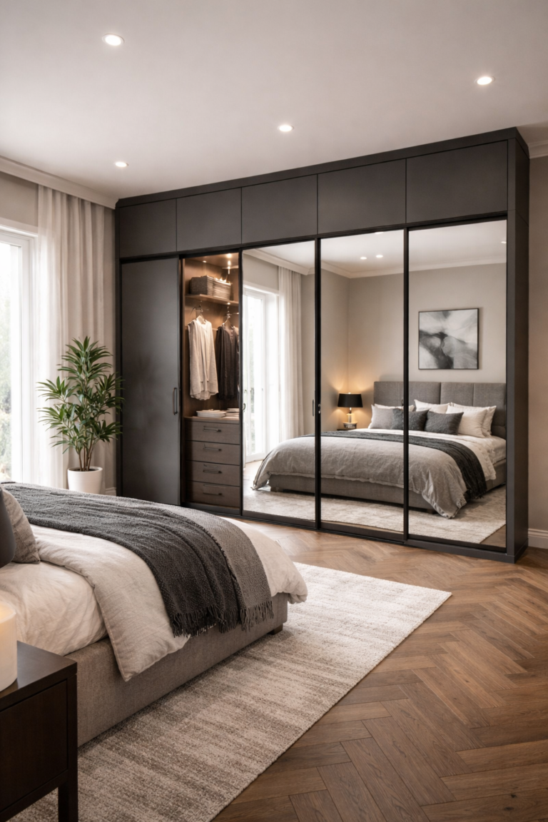 Matte Charcoal Sliding Door Wardrobe with Mirror Panels Idea