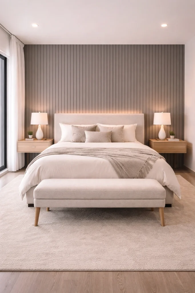 Matte Grey Vertical Slat Bedroom Paneling Idea