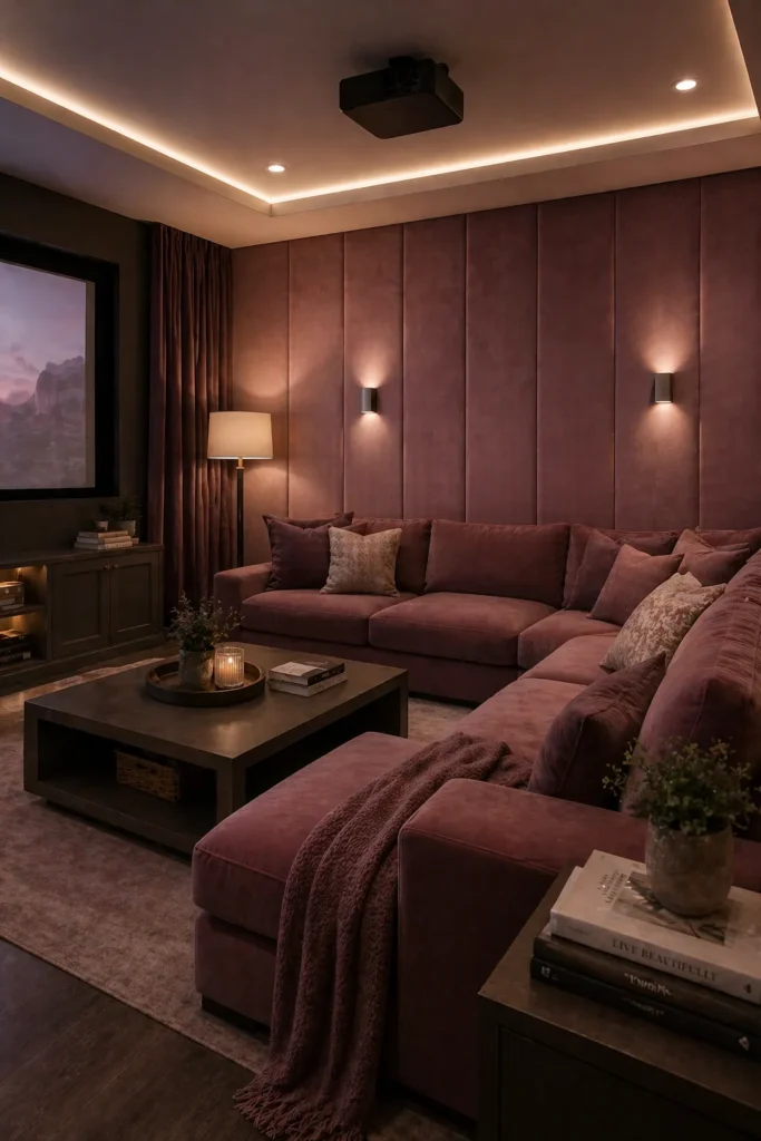 Mauve Velvet Panel Wallpaper for Media Room Comfort