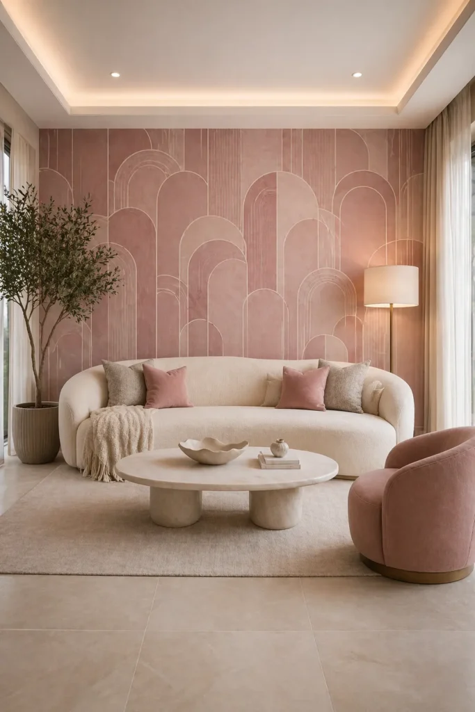 Mauve Geometric Pink Wallpaper for Living Room Statement Wall Idea