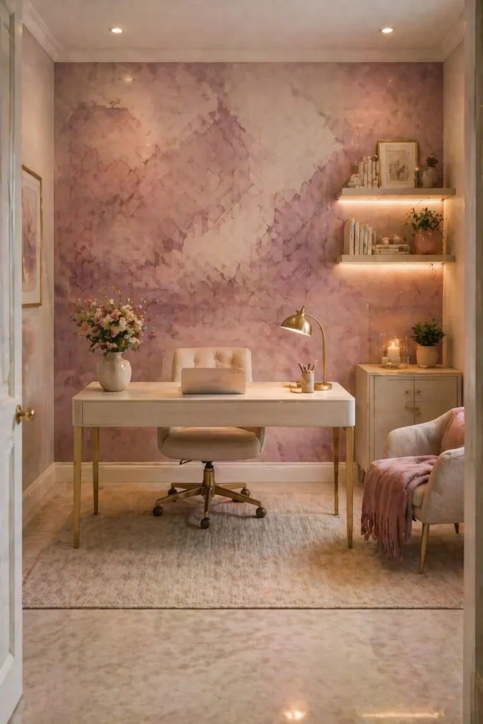 Mauve Watercolor Home Office Accent Wall Idea