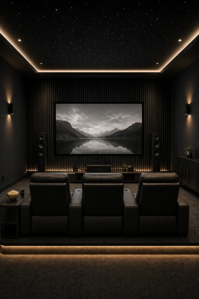 Media Room with Black Acoustic Panel Wallpaper Idea
