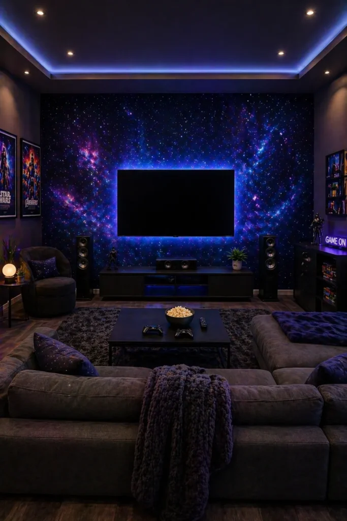 Midnight Galaxy Entertainment Room Wall Idea