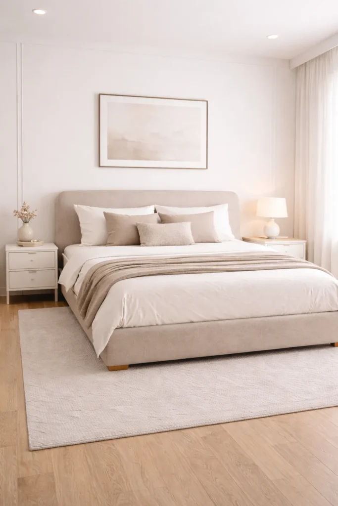 Minimal White Bedroom With Soft Beige Bed Idea