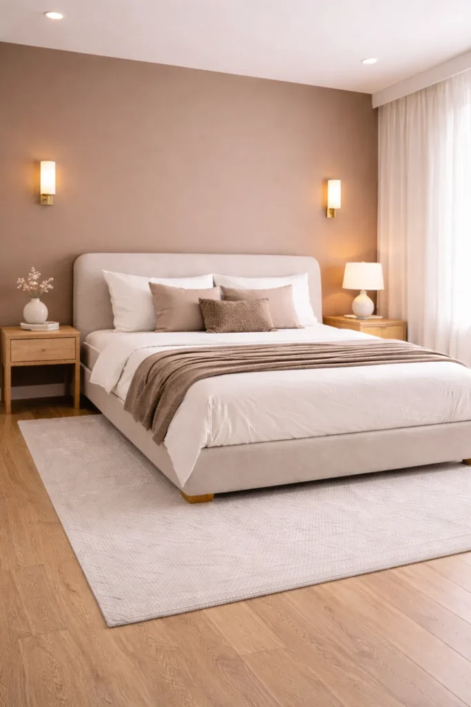 Minimal Bedroom With Soft Brown Accent Wall Idea