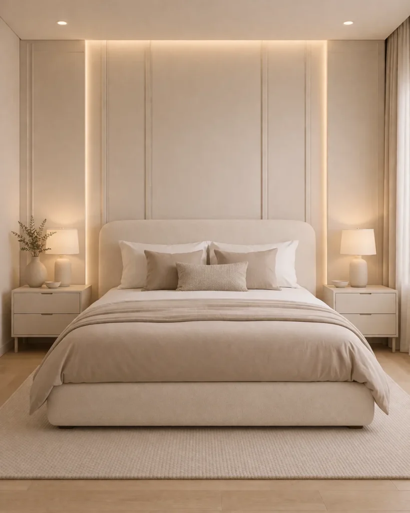 Minimal Neutral Bedroom With Soft Panel Wall Idea