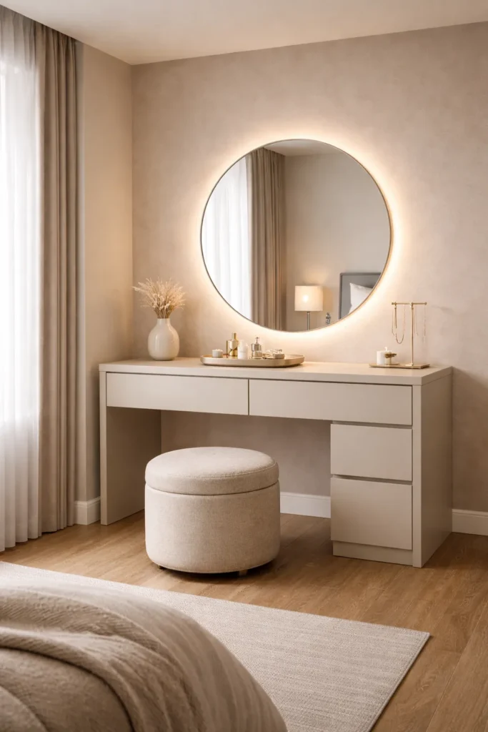 Minimal Beige Vanity with Round Mirror Idea