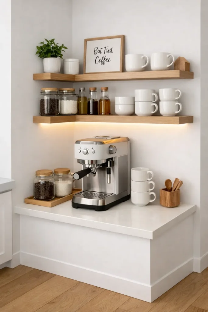 Minimal White Corner Coffee Bar Idea