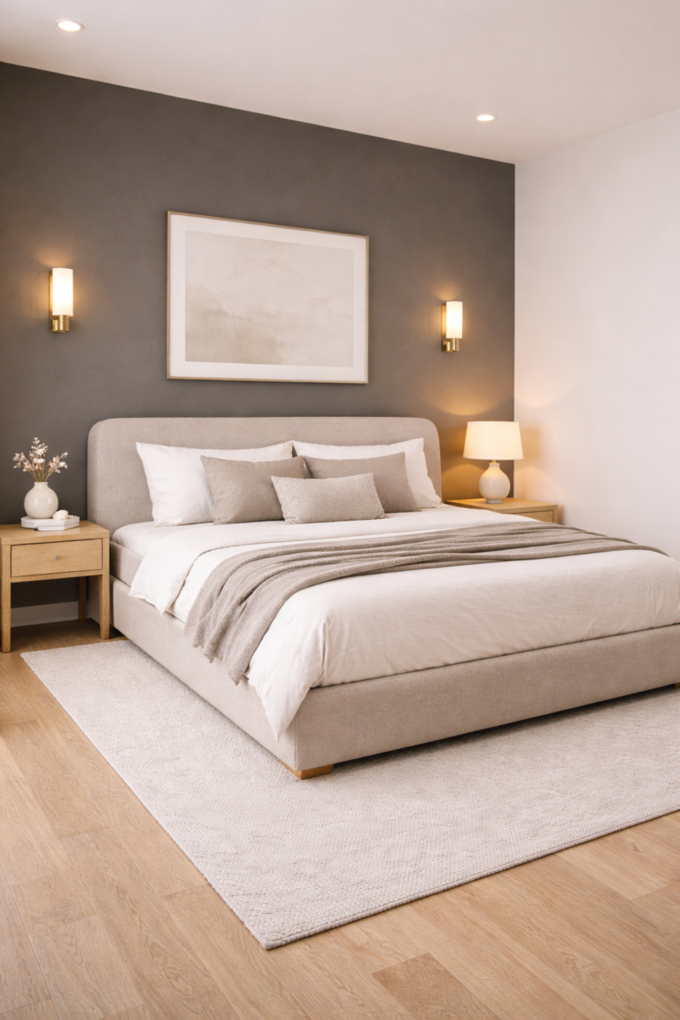 Minimal Bedroom With Soft Dark Accent Wall Idea