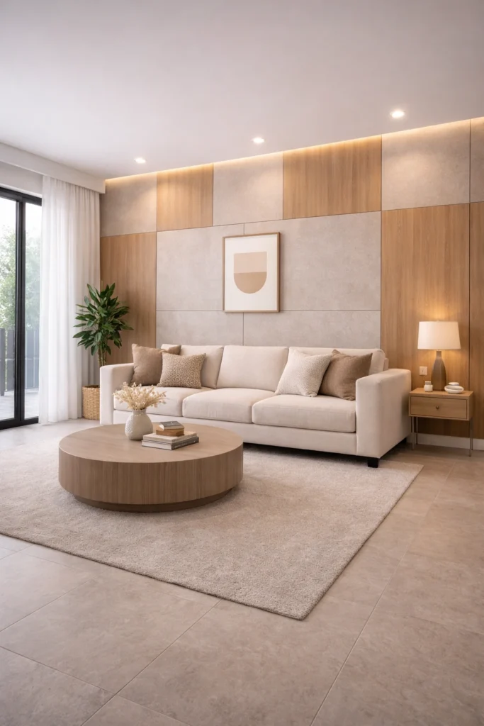 Mixed Material Panel Living Room Feature Wall Idea