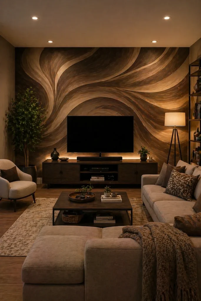 Mocha Abstract Swirl Media Room Wall Idea