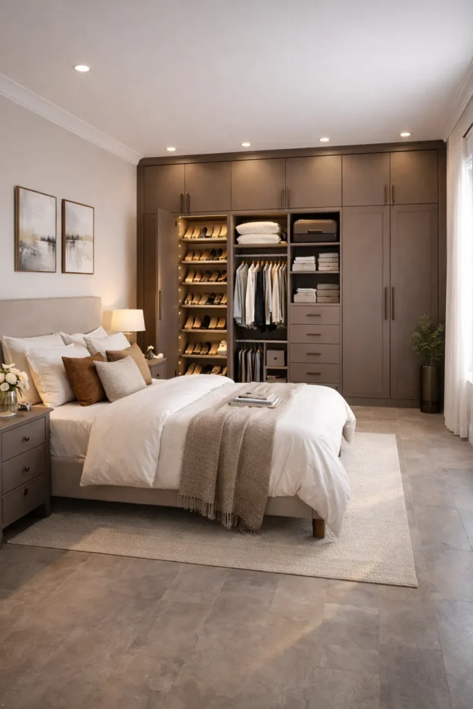 Mocha Wardrobe with Pull-Out Shoe Storage Idea