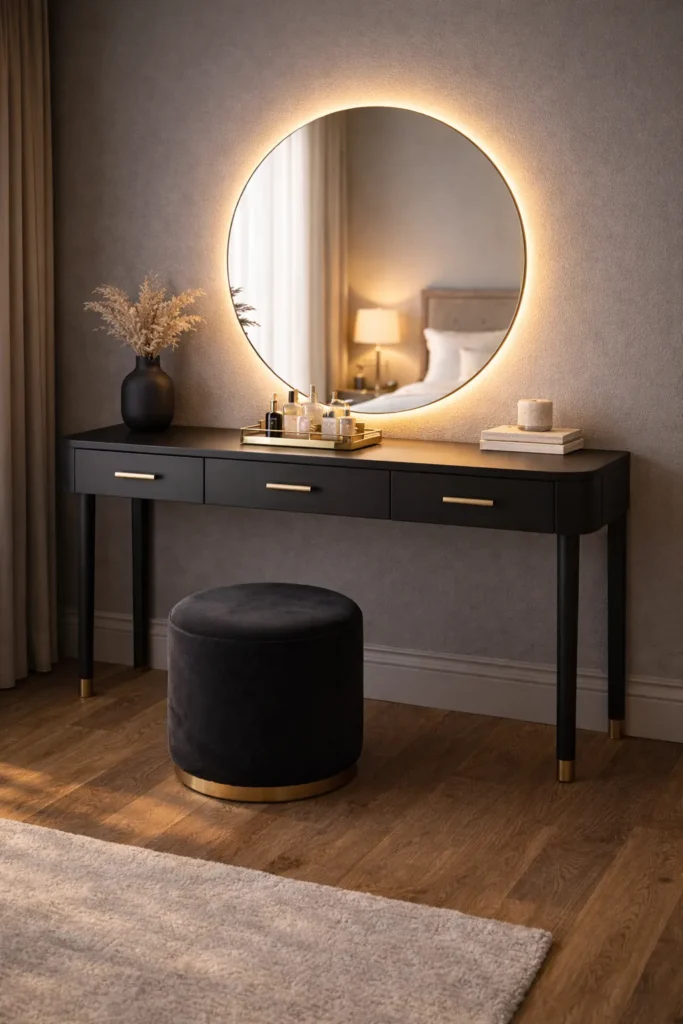 Modern Black Vanity with Statement Mirror Idea