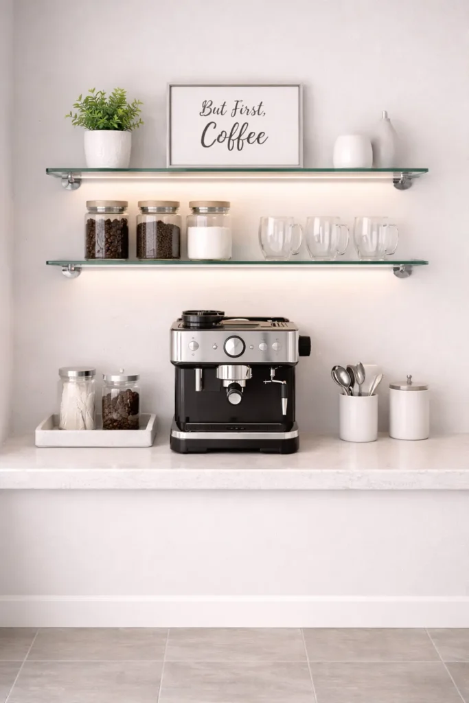 Modern Glass Shelf Coffee Bar Idea