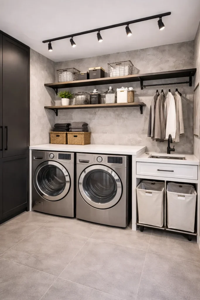 Modern Industrial Laundry Room with Concrete Finishes Idea