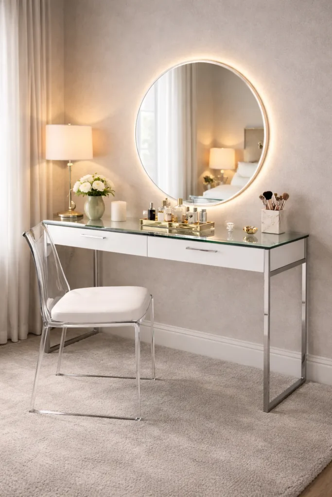 Modern Glass Top Vanity with Acrylic Chair Idea
