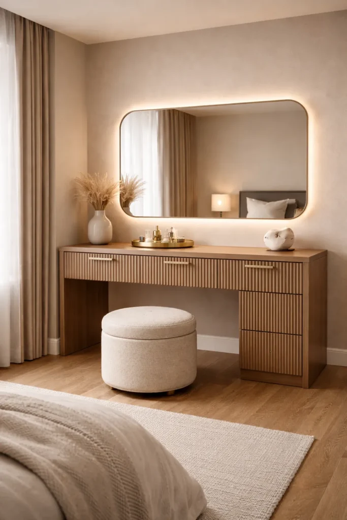 Modern Fluted Wood Vanity with Statement Mirror Idea