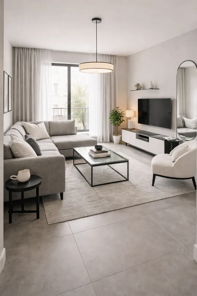 Modern Grey L-Shape Stylish Living Room Idea