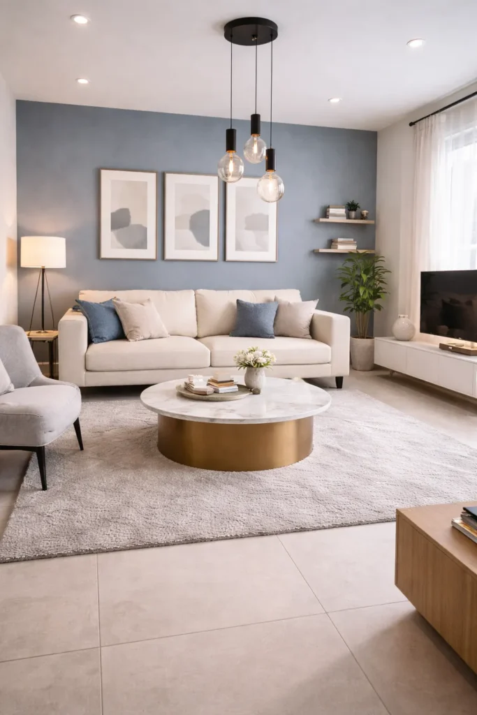 Modern Dusty Blue Stylish Living Room Idea