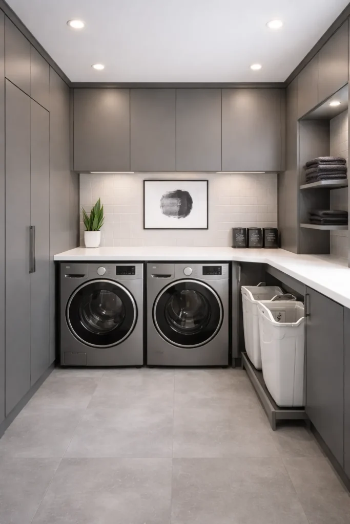 Modern Grey Laundry Room with Hidden Storage Idea
