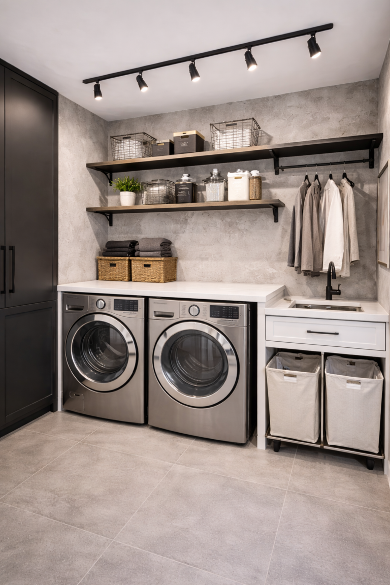 Modern Industrial Laundry Room with Concrete Finishes Idea