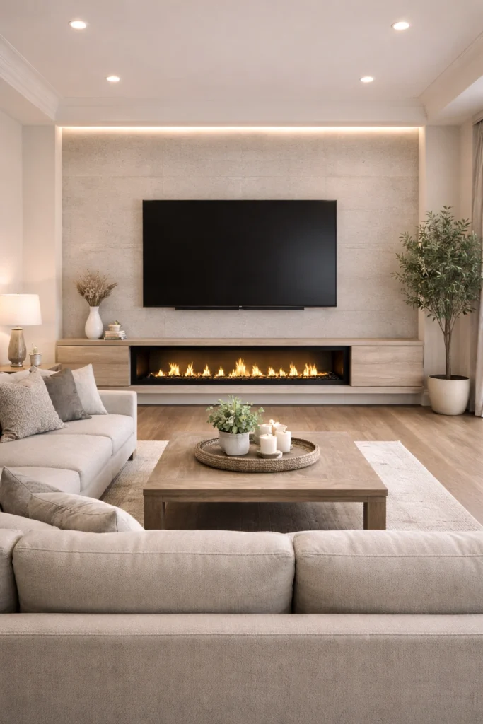 Modern Linear Fireplace Under TV Idea