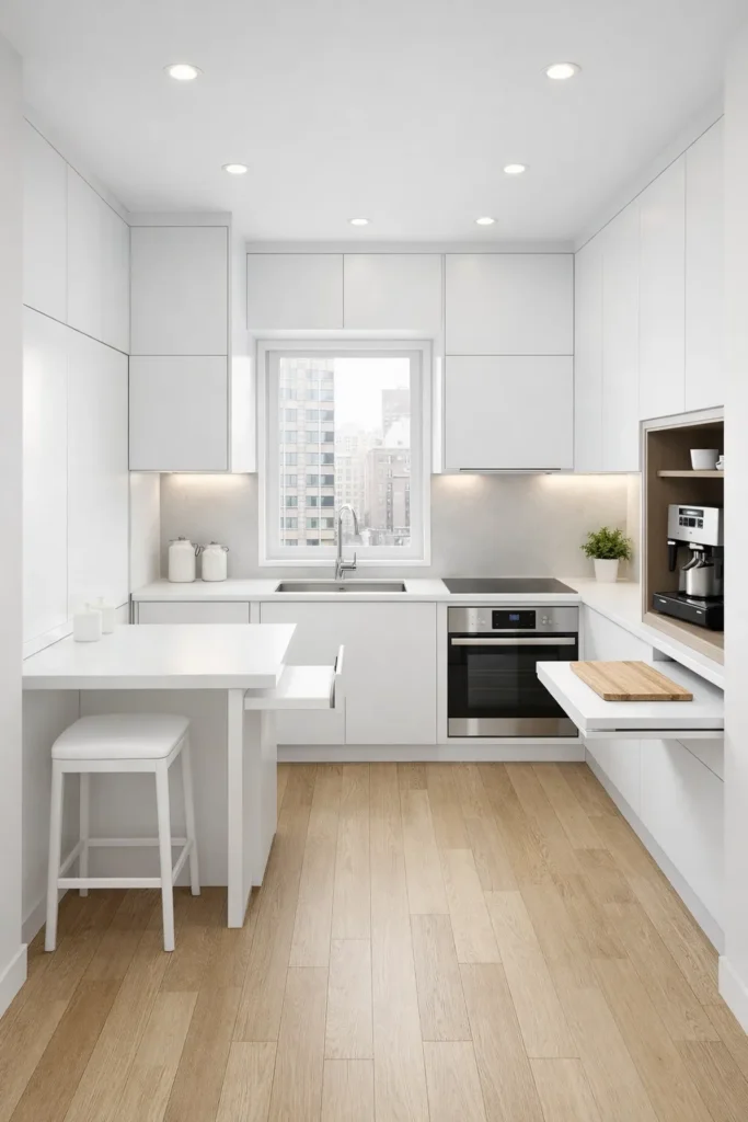 Modern White Minimalist Kitchen with Hidden Storage Idea