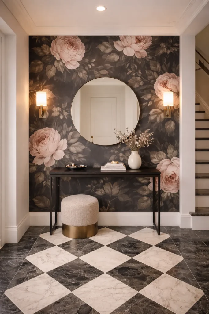 Moody Rose Floral Wallpaper Elegant Entryway Idea