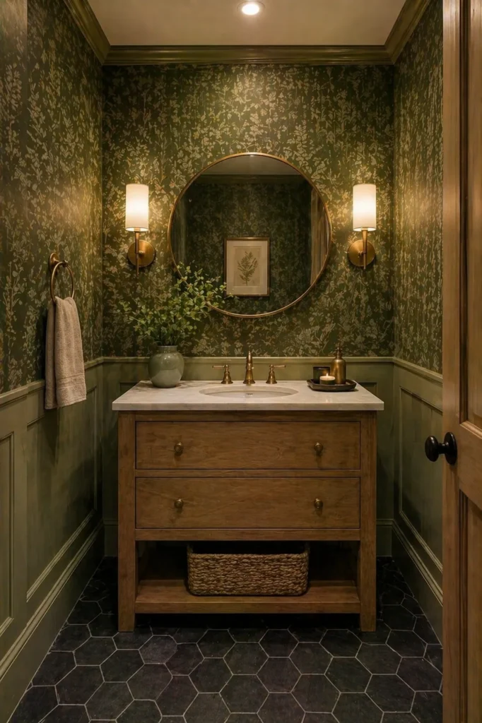 Moss Green Powder Room Statement Space Idea