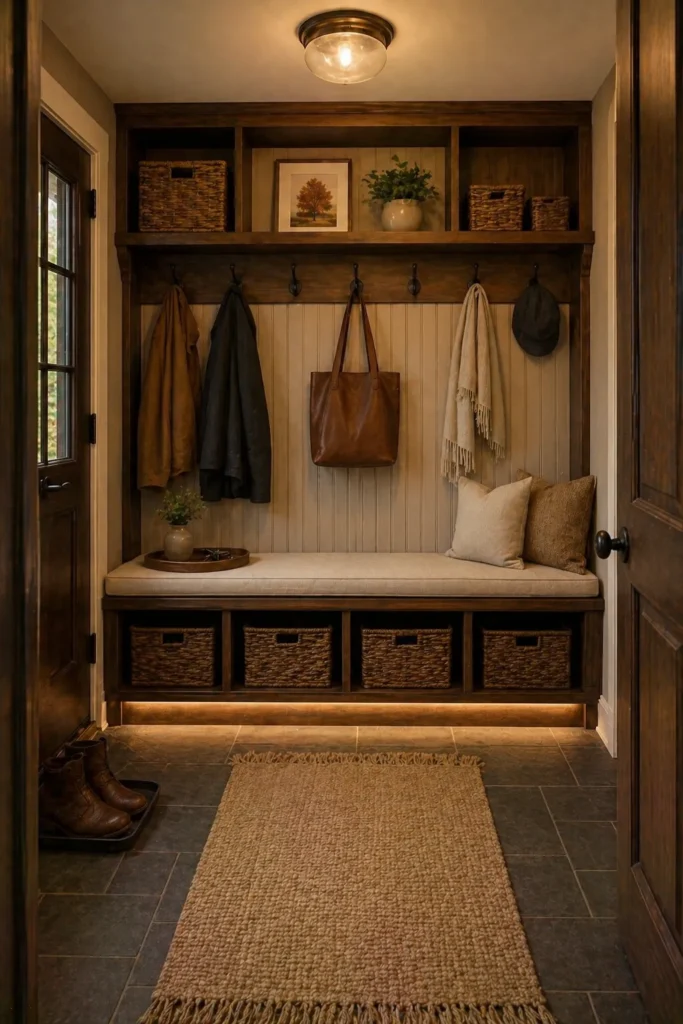 Mudroom with Walnut Storage Bench Idea