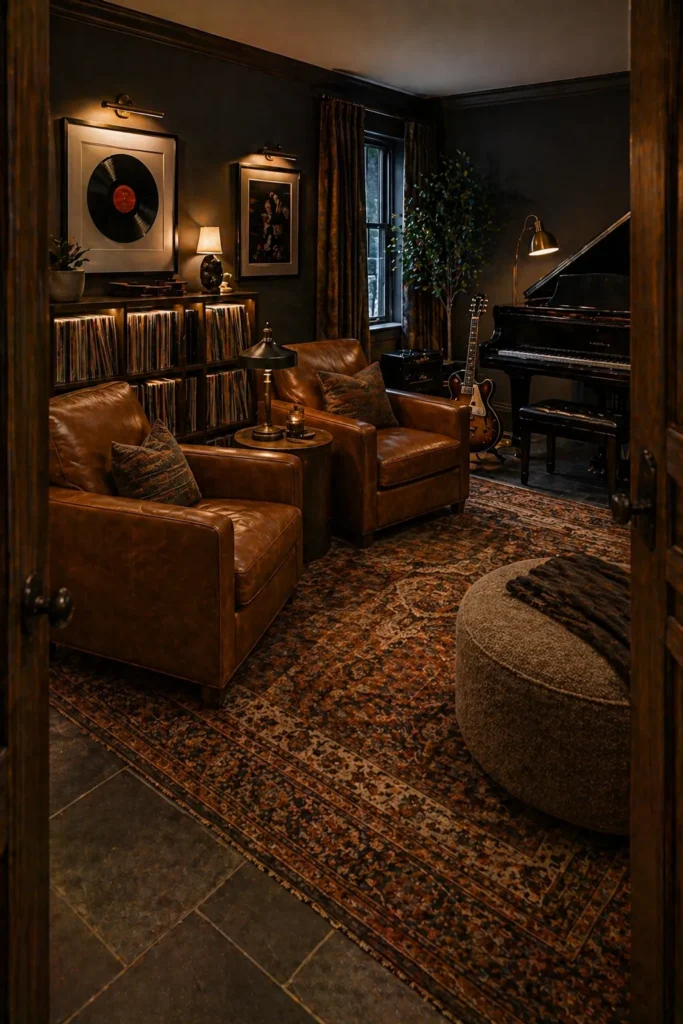 Music Room with Leather Accent Chairs Idea