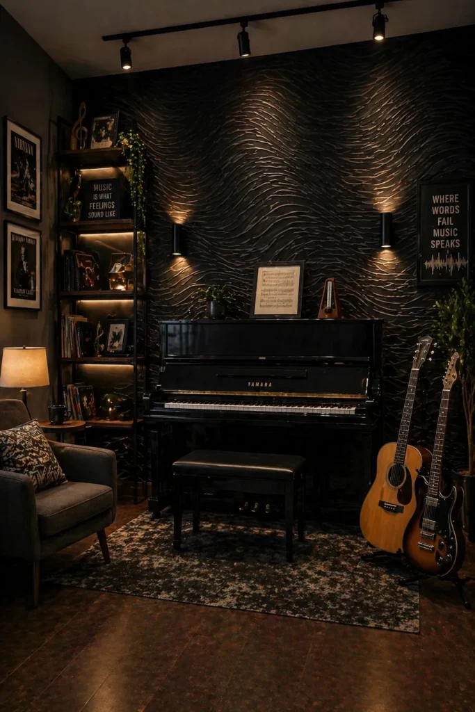 Music Room with Black Wave Texture Wallpaper Idea