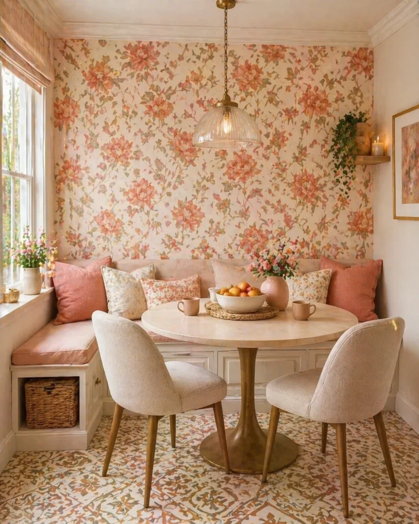 Muted Coral Floral Breakfast Nook Wall Idea
