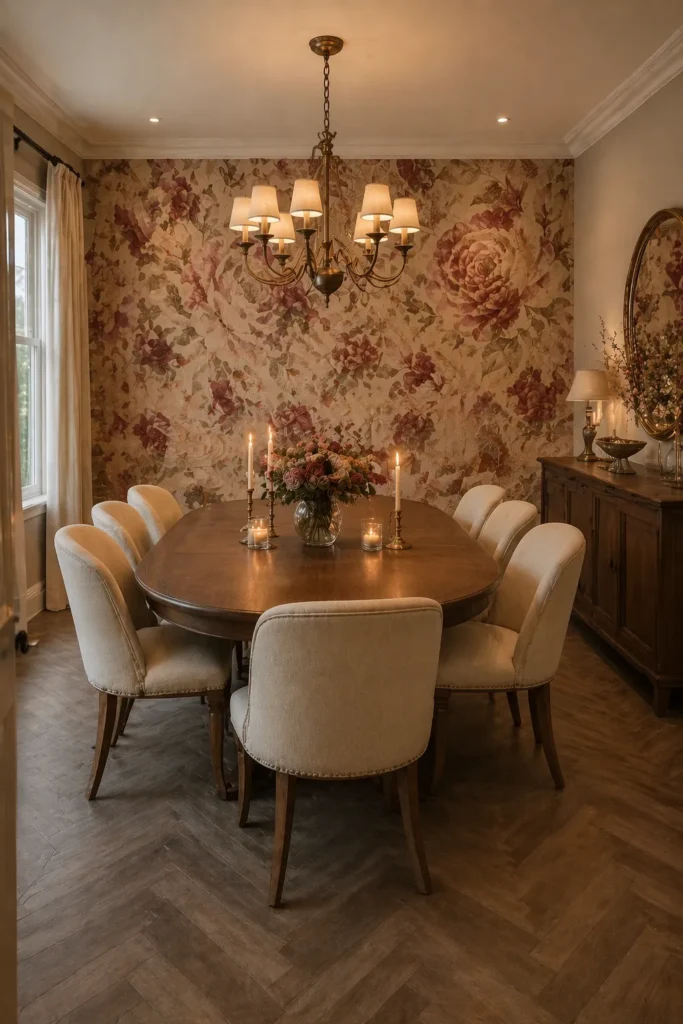 Muted Red Floral Dining Room Statement Wall Idea