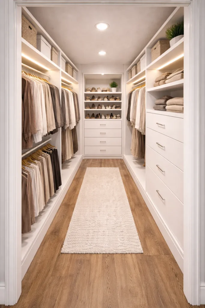 Narrow Walk-Through Closet With Double Hanging Idea