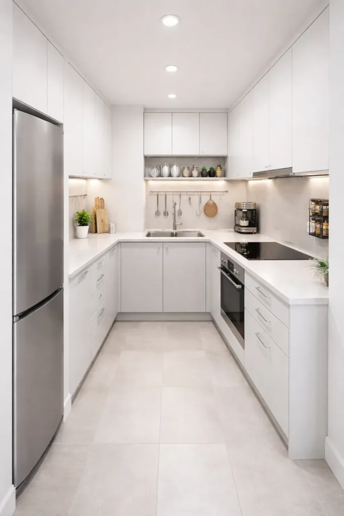 Narrow Galley Kitchen with Smart Storage Walls Idea