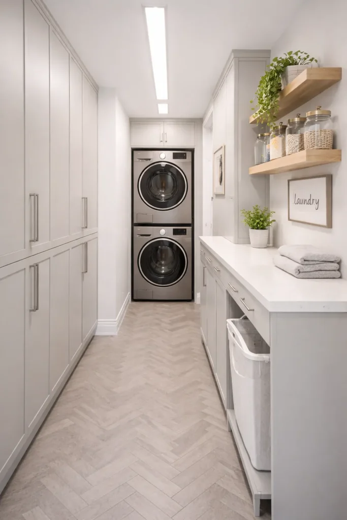 Narrow Galley Laundry Room with Vertical Cabinets Idea