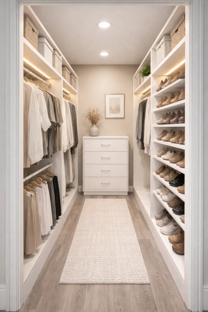 Narrow Hallway Walk-In Closet With Vertical Storage Idea