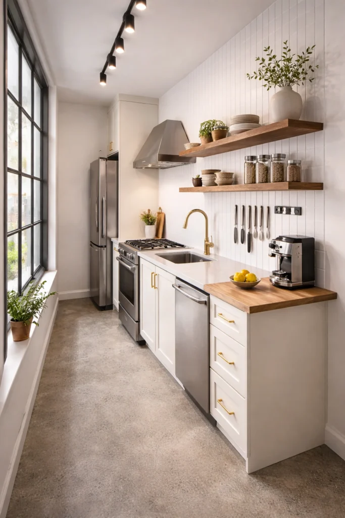 Narrow One-Wall Kitchen with Floating Shelves Idea
