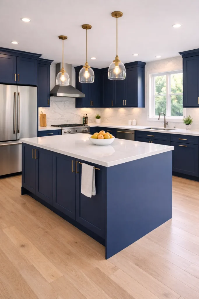 Navy Blue Kitchen with Brass Hardware Idea