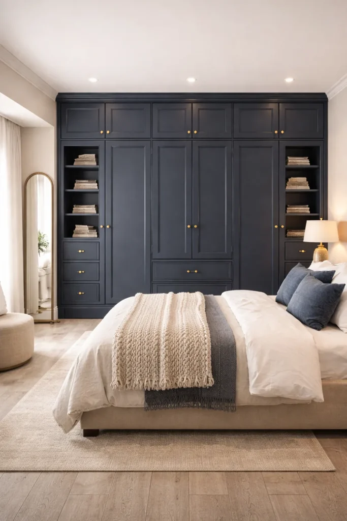 Navy Blue Paneled Wardrobe with Gold Knobs Idea