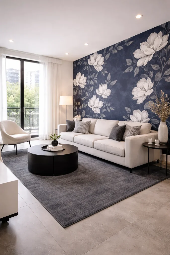 Navy Botanical Floral Wallpaper Modern Lounge Room Idea
