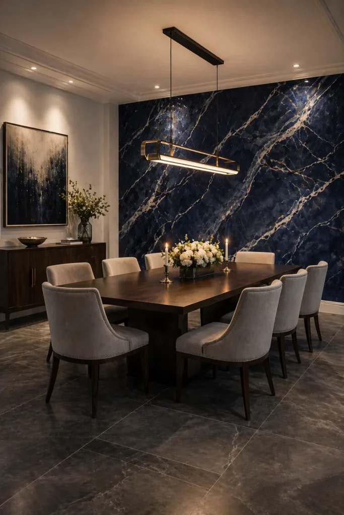 Navy Marble Dining Room Feature Wall Idea